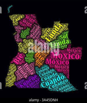 Angola Regionen Wortwolken. Helles Neondesign auf dunklem Hintergrund. Regionale Namen des Landes in portugiesischer Sprache. Stock Vektor