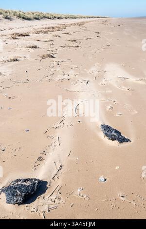 18. März 2025. Kunststoffverschmutzung in Form verbrannter und geschmolzener Nurdles (Pellets aus Kunststoffharz), die an einem Strand von North Norfolk nach der Kollision des Containerschiffs Solong und der Stena Immaculate vor der Mündung von Humber am 10. März 2025 angespült wurden. Stockfoto
