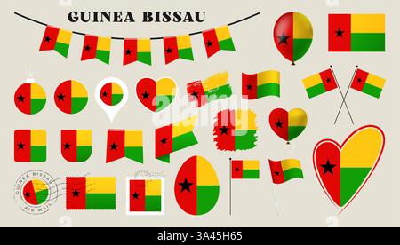 guinea-bissau-Flagge gesetzt. Verschiedene nationale Flaggenkollektion mit verschiedenen Formen wie Herz, Schild, osterei, Lage, Kreis, Postmark, Grunge, squ Stock Vektor