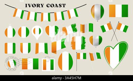 Flagge der elfenbeinküste gesetzt. Verschiedene nationale Flaggenkollektion mit verschiedenen Formen wie Herz, Schild, osterei, Lage, Kreis, Stempel, Grunge, Quadrat Stock Vektor