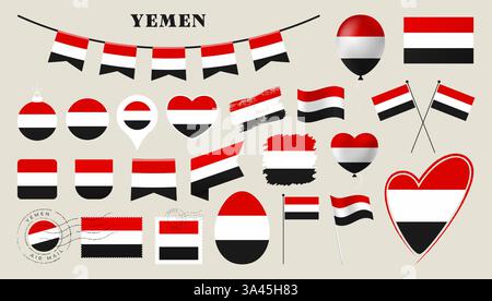 Flagge jemen gesetzt. Verschiedene nationale Flaggenkollektion mit verschiedenen Formen wie Herz, Schild, osterei, Lage, Kreis, Stempel, Grunge, Quadrat, Rou Stock Vektor
