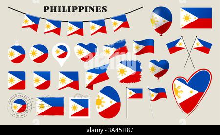 philippinische Flagge gesetzt. Verschiedene nationale Flaggenkollektion mit verschiedenen Formen wie Herz, Schild, osterei, Lage, Kreis, Stempel, Grunge, Quadrat Stock Vektor
