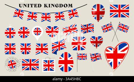 Flagge für vereinigtes Königreich gesetzt. Verschiedene nationale Flaggenkollektion mit verschiedenen Formen wie Herz, Schild, osterei, Lage, Kreis, Stempel, Grunge, Quadrat Stock Vektor