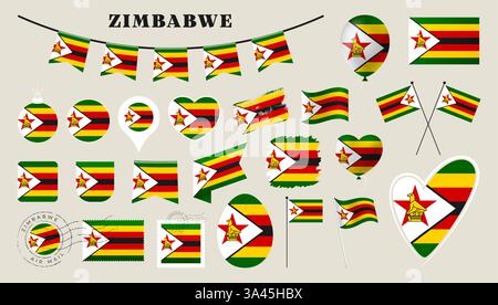 Flag für simbabwe gesetzt. Verschiedene nationale Flaggenkollektion mit verschiedenen Formen wie Herz, Schild, osterei, Lage, Kreis, Stempel, Grunge, Quadrat, Stock Vektor
