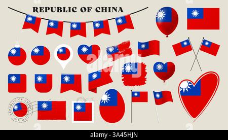 Flagge der republik china gesetzt. Verschiedene nationale Flaggenkollektion mit verschiedenen Formen wie Herz, Schild, osterei, Lage, Kreis, Stempel, Grunge, Stock Vektor