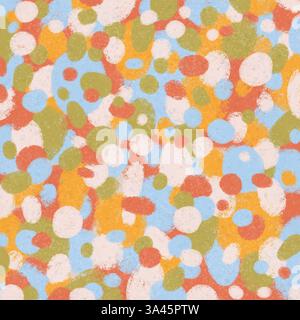Abstraktes nahtloses Muster mit bunten Kreisen und organischen Formen. Handgemaltes digitales Design mit einer körnigen Textur für Tapeten, Textilien und dezember Stockfoto