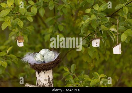Ostereier in einem Nest am Zaun Stockfoto