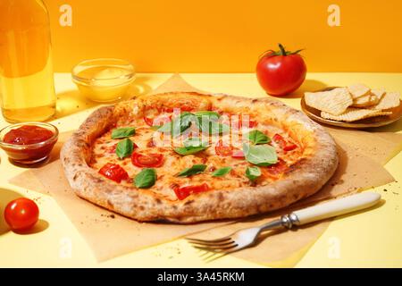 Backpapier mit leckerer Pizza Margarita und Kartoffelchips auf gelbem Hintergrund Stockfoto