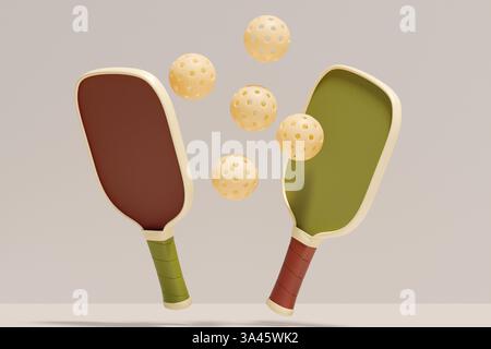 Ein Paar Paddel und Bälle, die ein lustiges Pickleball-Spiel darstellen. 3D-Rendering Stockfoto