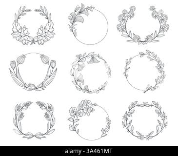 Rundrahmen mit Blumenzweigen. Elegante runde Kränze aus linearen Zweigen, Kreis mit Blättern und Blumen, botanische Designelemente, handgezeichnet Vintage Stock Vektor