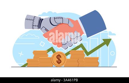 Konzept der menschlichen Roboterkooperation. Geschäftsmann und Ai Hand. Künstliche Intelligenz in der Teamarbeit. Zukunftstechnologien im Finanzwesen, Diagramm zum Marktwachstum Stock Vektor