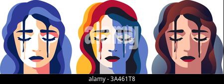 Frauengesichter mit geschlossenen Augen und bunten Farbstreifen, abstrakter Kunststil, weißer Hintergrund. Frau in Tränen, Frau in Depressionen. Das Konzept des Geistes Stock Vektor