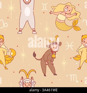 Das Sternzeichen des Babys zeigt nahtloses Muster. Lustige Kinder, astrologische Symbole, wiederholte Kinder in Horoskopkostümen. Textil, Geschenkpapier Stock Vektor