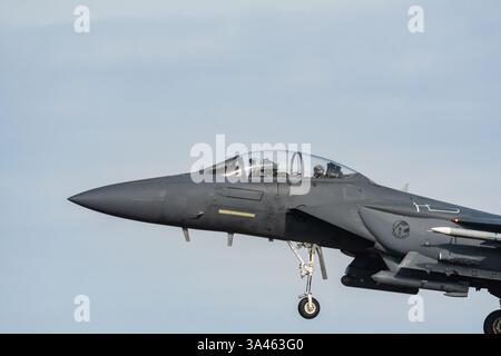 Cockpit-Nahaufnahme eines USAF McDonnell Douglas F-15 Eagle, der bei RAF Lakenheath in Suffolk ankommt Stockfoto
