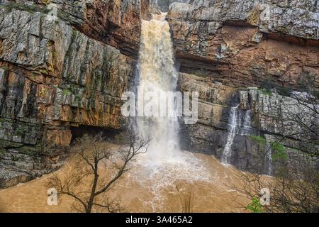 Cascada de la Cimbarra, ein atemberaubender Wasserfall in Spanien, stürzt über zerklüftete Klippen mit mächtigem Wasserfluss und schafft eine dramatische Naturszene. Stockfoto