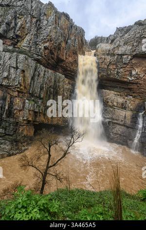 Cascada de la Cimbarra, ein atemberaubender Wasserfall in Spanien, stürzt über zerklüftete Klippen mit mächtigem Wasserfluss und schafft eine dramatische Naturszene. Stockfoto