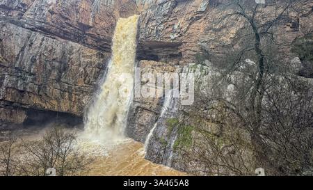 Cascada de la Cimbarra, ein atemberaubender Wasserfall in Spanien, stürzt über zerklüftete Klippen mit mächtigem Wasserfluss und schafft eine dramatische Naturszene. Stockfoto