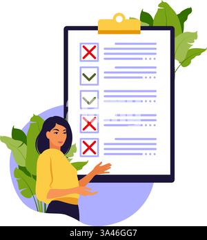 Umfrage zur Kundenzufriedenheit. Stück Papier mit Zecken und Kreuzen. Small People-Charaktere füllen ein Formular aus. Vektorgrafik. Flacher Style. Stock Vektor