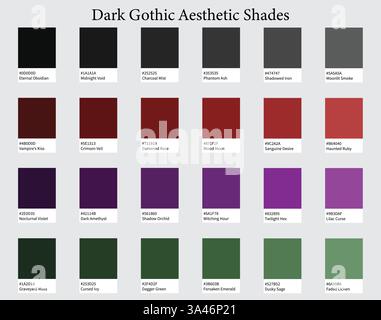 Farbpalette 24 dunkle Gothic Ästhetische Schattierungen - Mode und Luxus, Schwarz, Anthrazit, Deep Rots, unheimliche Lila, stummgeschaltete Grüntöne – mit HEXADEZIMALCODES Stock Vektor