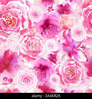 Abstraktes Blumendesign. Nahtloses Muster Mit Rosa Aquarellblumen. Handzeichnung. Nicht AI, Vektorillustration Stock Vektor
