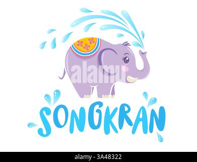 Vektor-Logo für das Songkran-Festival in Thailand mit Elefanten auf isoliertem Hintergrund im kawaii-Stil. Emblem für das Songkran-Wasserfestival. Stock Vektor
