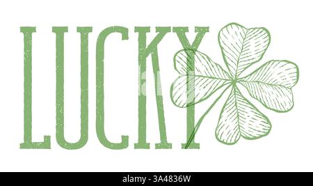 Vektor-Vintage-Poster von Lucky Klee für Patricks Tag. Grüner Vintage-Klee mit vier Blättern in Hand Zeichenstil mit Text von Glück. Stock Vektor