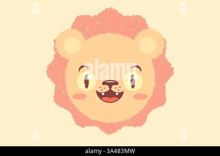 Vektor-Illustration des Kopfes eines Löwen für Kinder. Vektor-Symbol des Kawaii-Löwen für Kinderparty. Baby-Löwen-Emoji im Retro-Stil. Stock Vektor