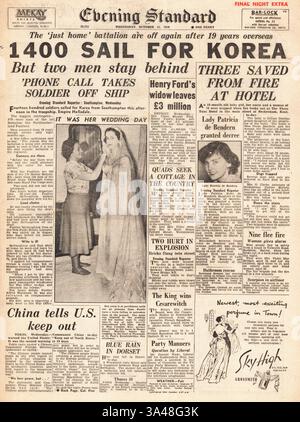 1950 Evening Standard (London) Titelseite, die britische Truppen nach Korea meldet Stockfoto