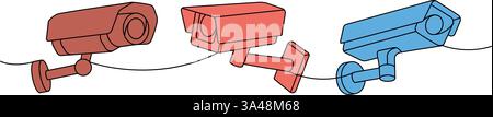 Videokameras eine Linie farbige kontinuierliche Zeichnung. Heimsicherheitssystem. Vektorabbildung. Stock Vektor