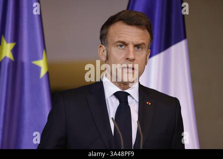 Emmanuel Macron, Staatspräsident der Französischen Republik, Deutschland, Berlin, Bundeskanzleramt, Presseerklärungen des BK und des Präsidenten der Französischen Republik, Emmanuel Macron *** Emmanuel Macron, Präsident der Französischen Republik, Deutschland, Berlin, Bundeskanzleramt, Pressemitteilungen des Bundeskanzlers und des Präsidenten der Französischen Republik, Emmanuel Macron Stockfoto