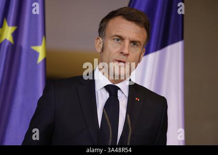 Emmanuel Macron, Staatspräsident der Französischen Republik, Deutschland, Berlin, Bundeskanzleramt, Presseerklärungen des BK und des Präsidenten der Französischen Republik, Emmanuel Macron *** Emmanuel Macron, Präsident der Französischen Republik, Deutschland, Berlin, Bundeskanzleramt, Pressemitteilungen des Bundeskanzlers und des Präsidenten der Französischen Republik, Emmanuel Macron Stockfoto