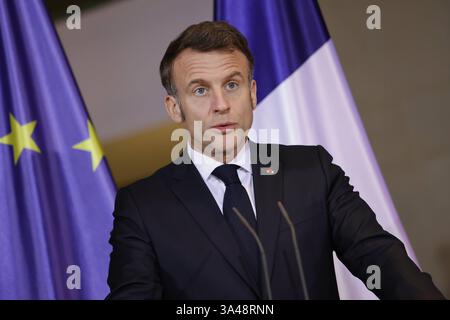 Emmanuel Macron, Staatspräsident der Französischen Republik, Deutschland, Berlin, Bundeskanzleramt, Presseerklärungen des BK und des Präsidenten der Französischen Republik, Emmanuel Macron *** Emmanuel Macron, Präsident der Französischen Republik, Deutschland, Berlin, Bundeskanzleramt, Pressemitteilungen des Bundeskanzlers und des Präsidenten der Französischen Republik, Emmanuel Macron Stockfoto
