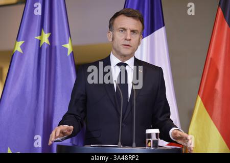 Emmanuel Macron, Staatspräsident der Französischen Republik, Deutschland, Berlin, Bundeskanzleramt, Presseerklärungen des BK und des Präsidenten der Französischen Republik, Emmanuel Macron *** Emmanuel Macron, Präsident der Französischen Republik, Deutschland, Berlin, Bundeskanzleramt, Pressemitteilungen des Bundeskanzlers und des Präsidenten der Französischen Republik, Emmanuel Macron Stockfoto