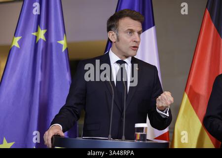 Emmanuel Macron, Staatspräsident der Französischen Republik, Deutschland, Berlin, Bundeskanzleramt, Presseerklärungen des BK und des Präsidenten der Französischen Republik, Emmanuel Macron *** Emmanuel Macron, Präsident der Französischen Republik, Deutschland, Berlin, Bundeskanzleramt, Pressemitteilungen des Bundeskanzlers und des Präsidenten der Französischen Republik, Emmanuel Macron Stockfoto