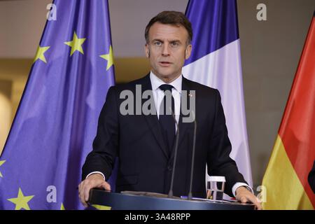 Emmanuel Macron, Staatspräsident der Französischen Republik, Deutschland, Berlin, Bundeskanzleramt, Presseerklärungen des BK und des Präsidenten der Französischen Republik, Emmanuel Macron *** Emmanuel Macron, Präsident der Französischen Republik, Deutschland, Berlin, Bundeskanzleramt, Pressemitteilungen des Bundeskanzlers und des Präsidenten der Französischen Republik, Emmanuel Macron Stockfoto