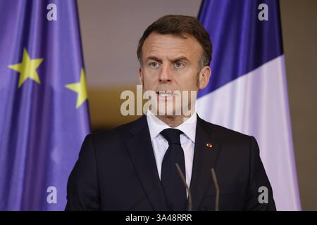 Emmanuel Macron, Staatspräsident der Französischen Republik, Deutschland, Berlin, Bundeskanzleramt, Presseerklärungen des BK und des Präsidenten der Französischen Republik, Emmanuel Macron *** Emmanuel Macron, Präsident der Französischen Republik, Deutschland, Berlin, Bundeskanzleramt, Pressemitteilungen des Bundeskanzlers und des Präsidenten der Französischen Republik, Emmanuel Macron Stockfoto