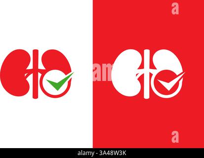 Kombination aus Nieren und Häkchen. Einzigartige Design-Vorlage für Logotypen der medizinischen Klinik. Stock Vektor