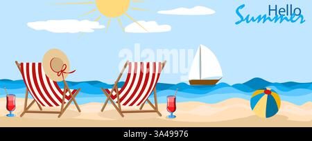 Entspannender Sommerstrand mit Liegestühlen, Erfrischungen und einem Segelboot unter strahlender Sonne Stock Vektor