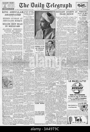 1951 Daily Telegraph, der über den Mord an König Abdullah berichtet Stockfoto