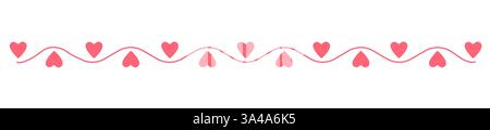 Herzen und lockige Linie Kritzelstil Hand gezeichneter Trennwand, einfache lineare Vektorillustration, dekorative romantische horizontale Grenze, Designelement für Buch, Karte, Einladung Stock Vektor