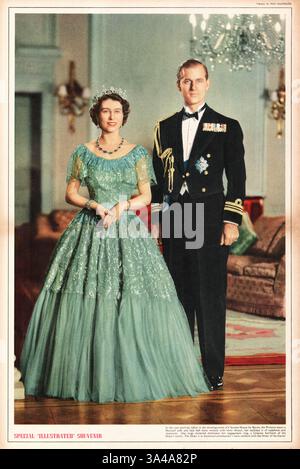 1952 illustriertes Zeitschriftenporträt Königin Elizabeth II. Und ihr Ehemann, der Herzog von Edinburgh Stockfoto