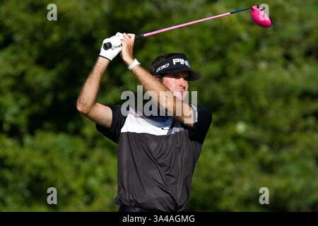 29. August 2014 - Norton, Massachusetts, USA - 29. August 2014: Bubba Watson beim 14. Abschlag während der ersten Runde der Deutschen Bank Championship bei TPC Boston. Anthony Nesmith/CSM(Bild: © Anthony Nesmith/Cal Sport Media/ZUMAPRESS.com) Stockfoto