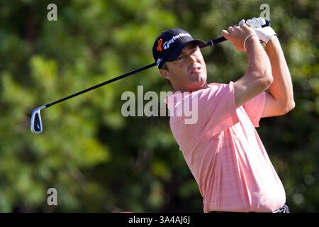 30. August 2014 - Norton, Massachusetts, USA - 30. August 2014: Ryan Palmer beim 3. Abschlag während der zweiten Runde der Deutschen Bank Championship am TPC Boston. Anthony Nesmith/CSM(Bild: © Anthony Nesmith/Cal Sport Media/ZUMAPRESS.com) Stockfoto