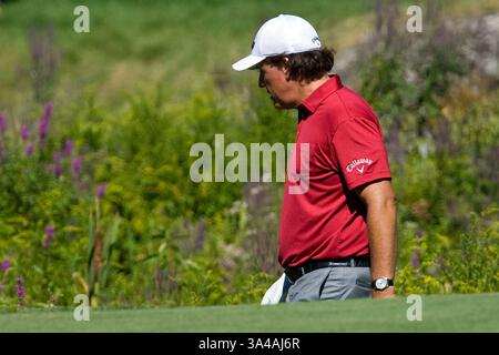 30. August 2014 - Norton, Massachusetts, USA - 30. August 2014: Phil Mickelson sucht seinen Ball in der Nähe des 18. Lochs während der zweiten Runde der Deutschen Bank Championship bei TPC Boston. Anthony Nesmith/CSM(Bild: © Anthony Nesmith/Cal Sport Media/ZUMAPRESS.com) Stockfoto