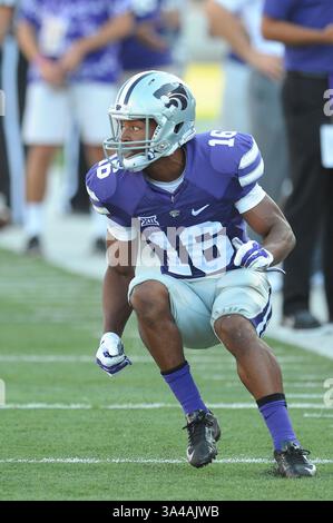 30. August 2014 – Manhattan, Kansas, USA – 30. August 2014: Tyler Lockett (16) fährt eine Route vor dem Spiel zwischen Stephen F. Austin und Kansas State im Bill Snyder Family Stadium in Manhattan, Kansas. Kendall Shaw/CSM(Bild: © Kendall Shaw/Cal Sport Media/ZUMAPRESS.com) Stockfoto