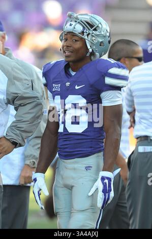 30. August 2014 - Manhattan, Kansas, USA - 30. August 2014: Kansas State Wildcats Wide Receiver Tyler Lockett (16) vor dem Spiel in Aktion während des NCAA Football Spiels zwischen Stephen F. Austin und Kansas State; im Bill Snyder Family Stadium in Manhattan, Kansas. Kendall Shaw/CSM(Bild: © Kendall Shaw/Cal Sport Media/ZUMAPRESS.com) Stockfoto