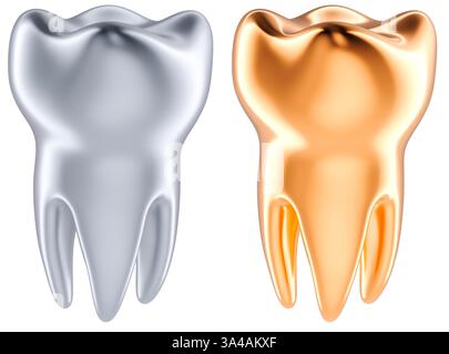 Goldener Zahn, silberner Zahn. 3D-Rendering isoliert auf weißem Hintergrund Stockfoto