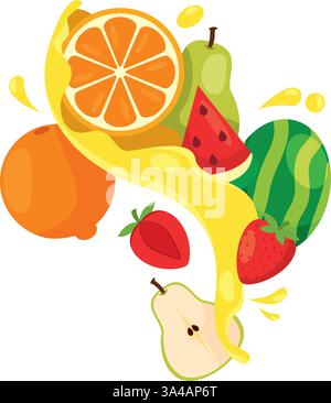 Frisches Obst mit Saftspritzer und Orangenscheibe Vektor Stock Vektor