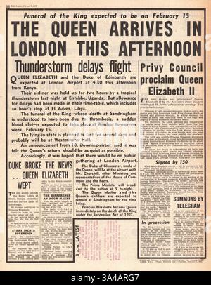 1952 Daily Graphic Rückseite berichtet, dass Königin Elisabeth nach dem Tod ihres Vaters König Georg VI. Aus Kenia nach Hause zurückkehrt Stockfoto