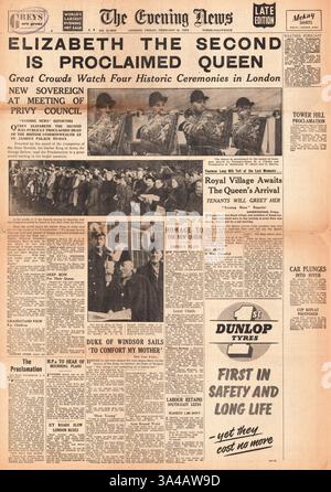 1952 Evening News berichtet, dass Prinzessin Elizabeth zur Königin ernannt wurde Stockfoto